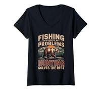 Women's Fishing Solves Half of My Problems Hunting Solves Rest V-Neck T-Shirt