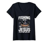 Womens Fishing with Jesus Faith On The Line V-Neck T-Shirt