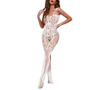 Women's Fishnet Chemise Sexy Dress Up for Women Fishnet Bodystocking Nylon Lingerie for Full Body Stocking Crotch Bodysuit Full Body Night Wear Ladies (White, One Size)