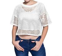 Women's Fishnet Mesh Tank Crop Top See Through Short Sleeve Casual Summer Blouse White Black for Party Beach Club Night Out(White)