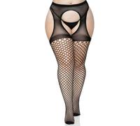 Leg Avenue Plus Size Oval Fishnet Crotchless Suspender Tights Black