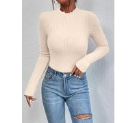 Women's Fitted Ribbed Sweater with Ruffled Crew Neck for Fall Casual Wear, Apricot, X-Large