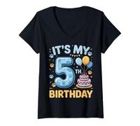 Women's Five 5yr 5th Birthday Dog Lover Party 5 Year Old Boy Gifts V-Neck T-Shirt
