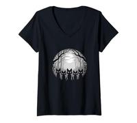 Womens Five Foxes in The Moonlight Forest Night Halloween Fox Scary V-Neck T-Shirt