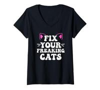 Womens Fix Your Freaking Cats Vet Tech Cat Feral Owner V-Neck T-Shirt
