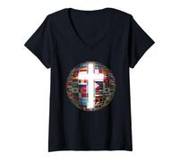 Womens Flags of The World - Christian Faith Cross Shining Countries V-Neck T-Shirt