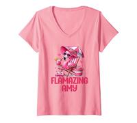 Womens Flamazing Amy Pink Flamingo Tropical Beach Scene Women's V-Neck T-Shirt