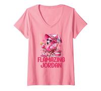 Womens Flamazing Jordan Pink Flamingo Tropical Beach Scene Women's V-Neck T-Shirt