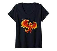 Women's Flaming Fire Dragon Mythic Fantasy Creature V-Neck T-Shirt