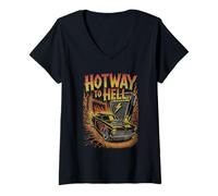 Womens Flaming Muscle Car Racing Through Fire Tunnel Hotway to Hell V-Neck T-Shirt