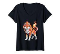 Womens Flaming Wolf Fierce Fiery Flame Animal Art V-Neck T-Shirt