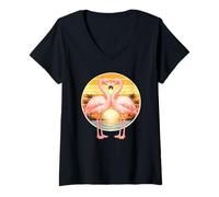 Women's Flamingo Couple Heart Retro Sunset Horizon Tropical Lovers V-Neck T-Shirt
