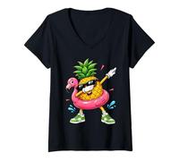 Women's Flamingo Float Summer Vibes Dab Dance Pineapple V-Neck T-Shirt