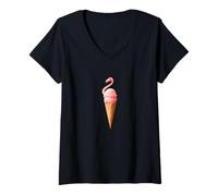 Womens Flamingo Ice Cream Cone Funny Summer Surreal Art V-Neck T-Shirt