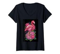 Womens Flamingo Lotus Jungle Tropical Flower Bird V-Neck T-Shirt