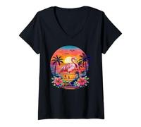 Women's Flamingo Palm Tree Retro Beach Vibes Sunset Summer Tropical V-Neck T-Shirt