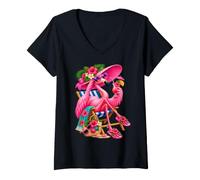 Women's Flamingo Palm Tree Tropical Beach Vacation Cocktail Summer V-Neck T-Shirt