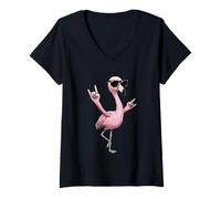 Womens Flamingo Sunglasses Rock Hands Fun Vibe V-Neck T-Shirt