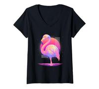 Womens Flamingo Vaporwave Bird Pastel Sunset Tropics V-Neck T-Shirt