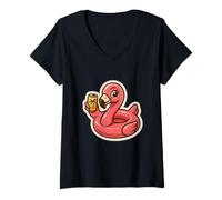 Womens Flamingo with Drink V-Neck T-Shirt