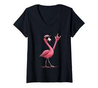 Womens Flamingo with Sunglasses Rock On V-Neck T-Shirt