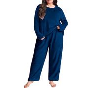 Women's Flannel Pajamas Sets 2 Piece Loungewear Plus Size Fleece Sleepwear Casual Loose Fluffy Tops Lounge Pants Plush Thick Winter Nightwear Teddy Bear Pajama Bottoms PJs Set Blue