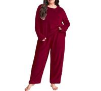 Women's Flannel Pajamas Sets 2 Piece Loungewear Plus Size Fleece Sleepwear Casual Loose Fluffy Tops Lounge Pants Plush Thick Winter Nightwear Teddy Bear Pajama Bottoms PJs Set Wine