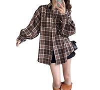 Womens Flannel Plaid Shirts Oversized Y2K Grunge Gothic Button Down Shirt Blouse Punk Roll Up Long Sleeve Alt Tops, Coffee, Small