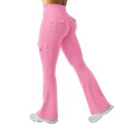 Women's Flare Leggings with Pockets Scrunch Butt Sports Leggings High Waist Flared Trousers Workout Seamless Push Up Yoga Gym Pink
