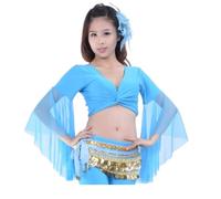 Women's Flare Sleeve Dance Crop Tops, Sexy V Neck 3/4 Tulle Sleeve Ballet Dance Wrap Top, Adjustable Straps Lace-up Shirt for Tribal Belly Dance, Self-tie Tassel Blouse for Festival Clubbing Dancewear