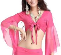 Women's Flare Sleeve Dance Crop Tops, Sexy V Neck 3/4 Tulle Sleeve Ballet Dance Wrap Top, Adjustable Straps Lace-up Shirt for Tribal Belly Dance, Self-tie Tassel Blouse for Festival Clubbing Dancewear