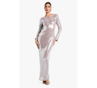 Womens Flare Sleeve Tie Back Column Sequin Maxi Dress - Brown - 14, Brown