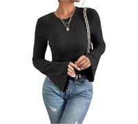 Womens Flared Bell Sleeve Y2k Going Out Tops Ribbed Knit Long Sleeve Jumper Crew Neck Blouse Slim Fit Casual Loungewear Shirt Everyday Soft Stretch Knitted Fashion Blouses Outfits L Black