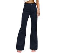 Women's Flared Corduroy Trousers Casual High Waisted Bootcut Cord Pants Autumn Winter Fashion Stretch Corduroy Bootcut Jeans Plus Size Bell Bottom Wide Leg Pants (Navy,S)