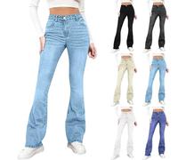 Womens Flared Jeans Full Length Denim Pants Ladies Mid-Rise Stretchy Bootcut Trousers Plus Size Solid Color Slim Fit Jeans Pull On Bell Bottom Trouser with Pockets for Everyday Casual Wear