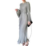 Women's Flared Long Sleeve Pleated Long Dress Casual High Waist Slim Fit Crewneck A-Line Swing Maxi Dress with Belt for Party (Gray, L)