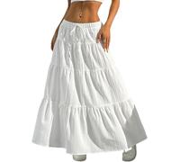 Women's Flared Ruffle Hem Maxi Skirt - Summer White Tiered Elastic Waist Long Skirt, Boho Lightweight Flowing A-Line Casual Loose Swing Skirts for Holiday Beach (White,M)