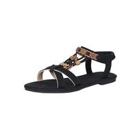 Women's Flat Bohemian Sandals with Elastic Ankle Strap | Casual Summer Beach Holiday Footwear | Ethnic Style Open Toe Comfort Design Black