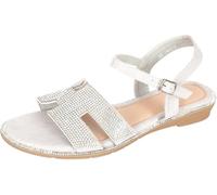Womens Flat Diamante Sandals with Adjustable Ankle Straps Sparkly Ladies Wedding Evening Comfort Shoes (Silver Grey, Size 3)