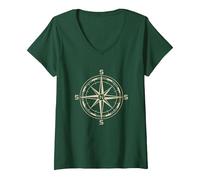 Women's Flat Earth Compass Headings North Star Polar Meme V-Neck T-Shirt, Dark Green, Large