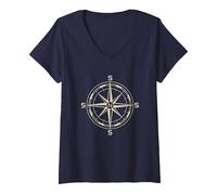 Women's Flat Earth Compass Headings North Star Polar Meme V-Neck T-Shirt, Navy Blue, Medium