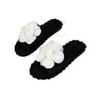 Women's Flat Fashion Flower Fluffy Slippers Winter Lightweight Cosy Breathable Open Toe Flip Flops Black,Size 5-5.5 UK
