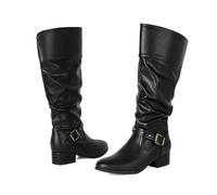 Women's Flat Knee High Boots Ruched Buckle Slouchy Calf Biker Boots | Opening Riding Long Boots Round Toe Low Block Heel Side Zipper Tall Boots for City Days Walking, Weekend Casual Wear