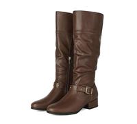 Women's Flat Knee High Boots Ruched Buckle Slouchy Calf Biker Boots | Opening Riding Long Boots Round Toe Low Block Heel Side Zipper Tall Boots for City Days Walking, Weekend Casual Wear