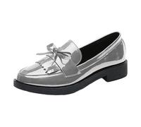 Womens Flat Loafers UK 5 Clearance Patent Loafer with Tassel Fringe Slip on Office Work School Pumps Comfort Smart Moccasins Grey Footwear