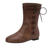 Womens Flat Mid Calf Boots Ladies Lace Up Booties Round Toe Footwear | Comfortable Casual Faux Leather Walking Shoes For Autumn Winter Daily Office Wear Fashion Steampunk Vintage Style