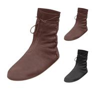 Womens Flat Mid Calf Boots, Womens Medieval Boots, Round Toe Lace Up Shoes | Textured Pu Upper-Simulated Leather Finish, Vintage Medieval Aesthetic Womens Boots, Womens Boots For Vintage Themed Outfits
