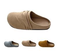 Womens Flat Mule Sandals Summer Clogs Suede Flat Slipper Round Toe Backless Slip on Loafer Shoes Indoor and Outdoor Comfy Closed Toe Lady Fashion Office Travel Dress Boat Shoes Beige
