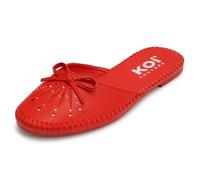 Womens Flat Mule Sliders - Bow Detail Slip-On Mules with Stud Embellishment - Faux Leather Closed-Toe Backless Flats for Summer, Holiday & Everyday Wear