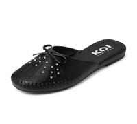 Womens Flat Mule Sliders - Bow Detail Slip-On Mules with Stud Embellishment - Faux Leather Closed-Toe Backless Flats for Summer, Holiday & Everyday Wear